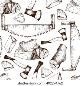 Vector seamless pattern of timber working tools. Saw, axe, firewoods. Vintage sketched engraved style. Good for package, store design. Hipster trendy Lumberjack collection.