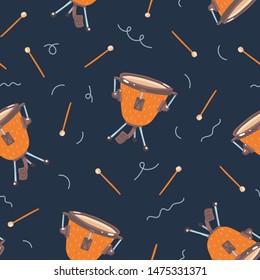 Vector seamless pattern with timpani drums. Сlassical percussion musical instruments. Warm colors. Isolated objects.  Dark blue background. 