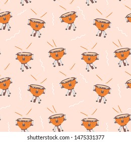 Vector seamless pattern with timpani drums. Сlassical percussion musical instruments. Warm colors. Isolated objects. Trendy pink background. 