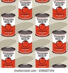 Vector seamless pattern with tin cans of tomato soup in retro style on light background. Repeatable illustrations for condensed tomato soup