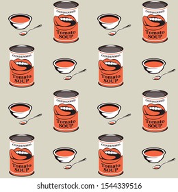 Vector seamless pattern with tin cans and bowls of condensed tomato soup on light background. Repeatable flat illustrations for healthy menus, kitchen textiles, tableware decor, food blog background.