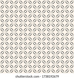 Vector seamless pattern with tiny dots. Simple minimalist black and white geometric texture with dotted halftone crosses, small floral silhouettes, diamond grid. Abstract repeat monochrome background