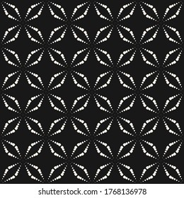 Vector seamless pattern with tiny dots. Simple minimalist black and white geometric texture with dotted halftone crosses, small floral silhouette, grid. Abstract monochrome dark minimal background