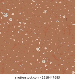 Vector seamless pattern with tiny flowers and scattered petals in a whimsical style. Perfect for fabric, gift wrap, and decor.