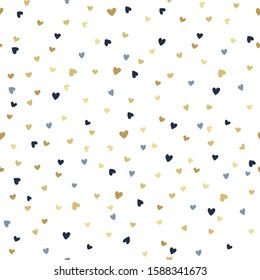 Vector seamless pattern with tiny golden and blue hearts. Creative scandinavian childish background for Valentine's Day