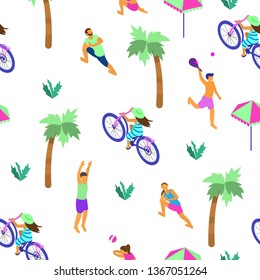 Vector seamless pattern with tiny isometric people doing summer sports. Summer activities .
