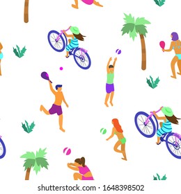 Vector seamless pattern with tiny isometric people doing summer sports. Summer activities .