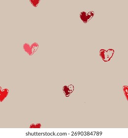Vector seamless pattern with tiny red and pink grunge hearts scattered on a light beige background, perfect for romantic wrapping paper, textile prints, Valentines cards and soft decor