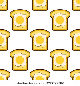 Vector seamless pattern with toasts and fried eggs. Cartoon toasts with fried eggs background. Flat breakfast on background. EPS