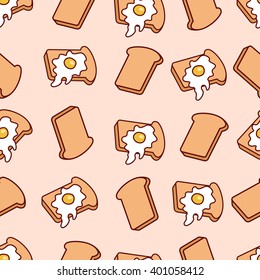 Vector seamless pattern with toasts and fried eggs. Cartoon toasts with fried eggs background. Comic drawing breakfast on pink background.