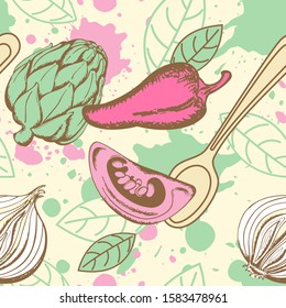 Vector seamless pattern with tomato, artichoke and pepper. Hand drawn vector background