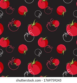 Vector seamless pattern of tomato on black background