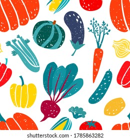 Vector seamless pattern with tomato, pepper, pumpkin, eggplant and beetroot. Bright colorful healthy cartoon stylized vegetables background in print flat style, eat local organic products.