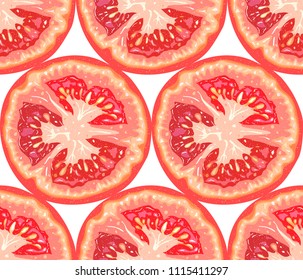 Vector seamless pattern of tomato slice on white background. Tomato cut background