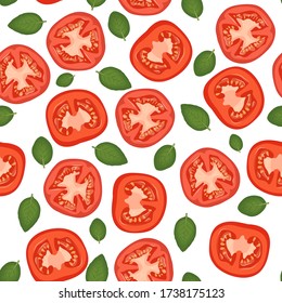 Vector, seamless pattern tomatoes and basil. Colorful, juicy background.