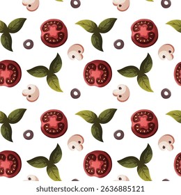 Vector seamless pattern tomatoes, basil, mushrooms, olives. Cooking concept.
