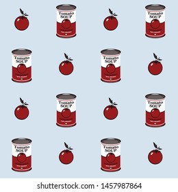 Vector seamless pattern with tomatoes and canned tomato soup cans in retro style on light blue background. Repeatable flat illustrations for condensed tomato soup