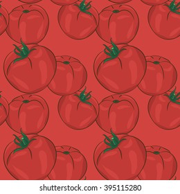 Vector seamless pattern. Tomatoes, crops, vegetables. Red background