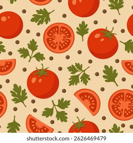 Vector Seamless Pattern with Tomatoes, Parsley and Peppercorns. Fresh Vegetable Food Background for Culinary Design. Natural Cooking Ingredients, Organic Kitchen Decor, Italian Cuisine Illustration