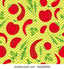 Vector seamless pattern with tomatoes, peppers, arugula and simple geometric background