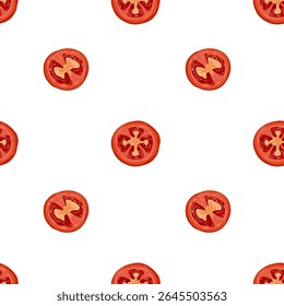Vector seamless pattern of tomatoes slices. Bright hand drawn cartoon illustration of fresh ingredients for wrapping, kitchen design, packaging, textile prints isolated on white background