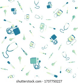 Vector seamless pattern with tonometer, thermometer, stethoscope and other medical accessories. Stylized drawing for your web site design, logo, app, UI. Isolated stock illustration