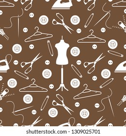 Vector seamless pattern with tools and accessories for sewing. Template for design, fabric, print.