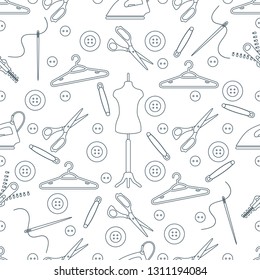 Vector seamless pattern with tools and accessories for sewing. Template for design, fabric, print.