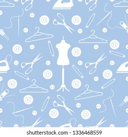 Vector seamless pattern with tools and accessories for sewing. Template for design, fabric, print.