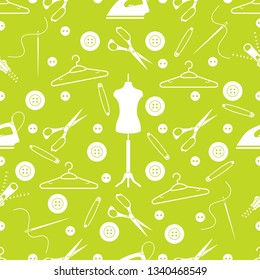 Vector seamless pattern with tools and accessories for sewing. Template for design, fabric, print.