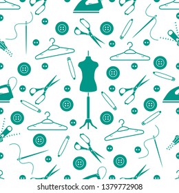 Vector seamless pattern with tools and accessories for sewing. Template for design, fabric, print.