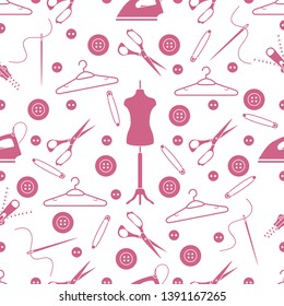 Vector seamless pattern with tools and accessories for sewing. Template for design, fabric, print.