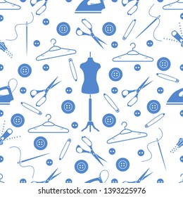 Vector seamless pattern with tools and accessories for sewing. Template for design, fabric, print.