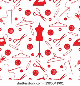 Vector seamless pattern with tools and accessories for sewing. Template for design, fabric, print.
