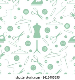 Vector seamless pattern with tools and accessories for sewing. Template for design, fabric, print.