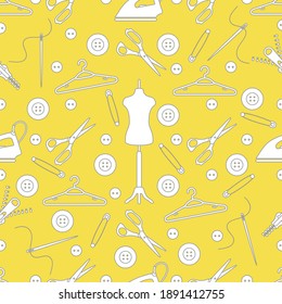 Vector seamless pattern with tools and accessories for sewing. Template for design, fabric, print. Illuminating and Ultimate Gray.