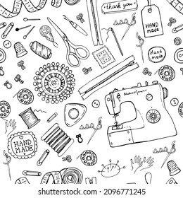 Vector seamless pattern with tools and accessories for sewing.Sewing Elements pattern on white background. 