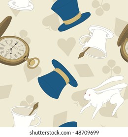 Vector seamless pattern with top hat, white rabbit, pocket watch and tea cup - token of "Alice in Wonderland"