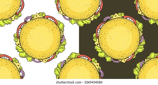 Vector seamless pattern with top view burgers on white and dark backgrounds. Hand drawn vector background. Fast food hand drawn illustration. Can be use for burger restaurant menu design.