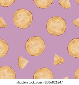 Vector seamless pattern. Top view of thin pancakes isolated on pink background.