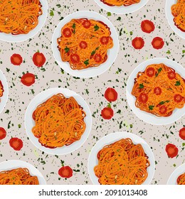 Vector seamless pattern. Top view of spicy pasta in sauce with tomatoes, parsley and herbs isolated on a light background.