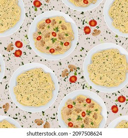 Vector seamless pattern of top view of pasta with tomatoes, champignon mushrooms and parsley in white plate isolated on beige background.
