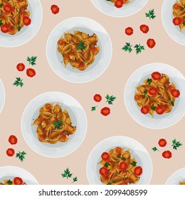 Vector seamless pattern of top view of conchiglie pasta in sauce and herbs with tomatoes and parsley in white plate isolated on coral background.
