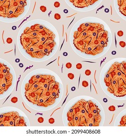Vector seamless pattern of top view of pasta in sauce with tomatoes, carrots, purple cabbage and olives in a white plate isolated on a beige background.
