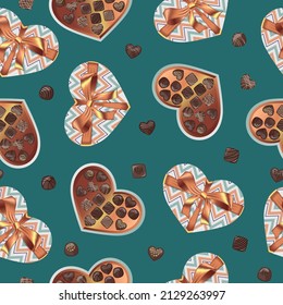 Vector seamless pattern top view gift open box with bronze ribbon and bow and chocolate candies on emerald background.