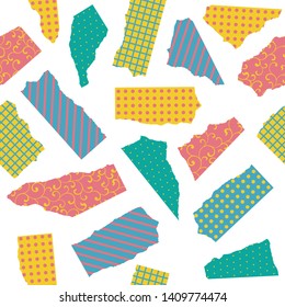 Vector seamless pattern of torn colored paper with different textures and ornaments isolated on white background.