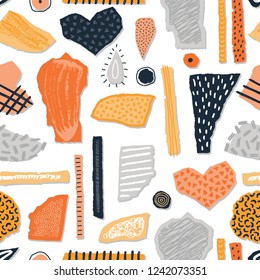 Vector seamless pattern. Torn paper decorated paint and ink spots. Different shapes with rough ribbed and jagged edges. Grunge texture. Applique of scraps with stains. Wallpaper, wrapping, textile