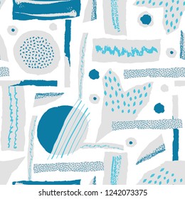 Vector seamless pattern. Torn paper decorated paint and ink spots. Different shapes with rough ribbed and jagged edges. Grunge texture. Applique of scraps with stains. Wallpaper, wrapping, textile