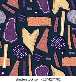 Vector seamless pattern. Torn paper decorated paint and ink spots. Different shapes with rough ribbed and jagged edges. Grunge texture. Applique of scraps with stains. Wallpaper, wrapping, textile
