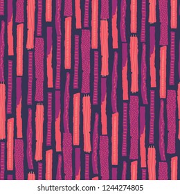 Vector seamless pattern. Torn paper decorated paint and ink spots. Different strips with rough ribbed and jagged edges. Grunge texture. Applique of scraps with stains. Wallpaper, wrapping, textile